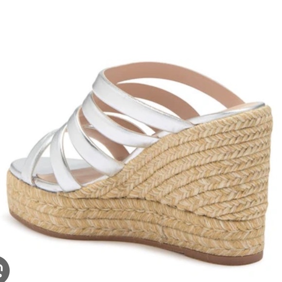 Stuart Weitzman Lilyana Espadrille Wedge Sandal Silver Metallic Heel - Picture 2 of 16
